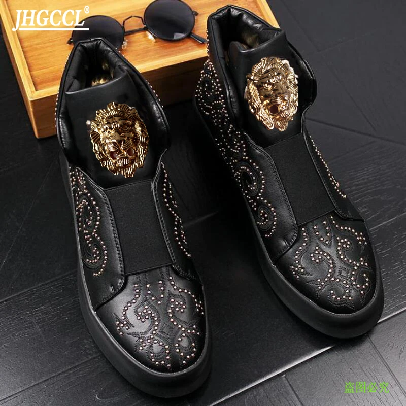 Men's Brand rivet Shoes leather loafers thick low rivet riding boots shoes high quality flat boots chaussure hommes A 26