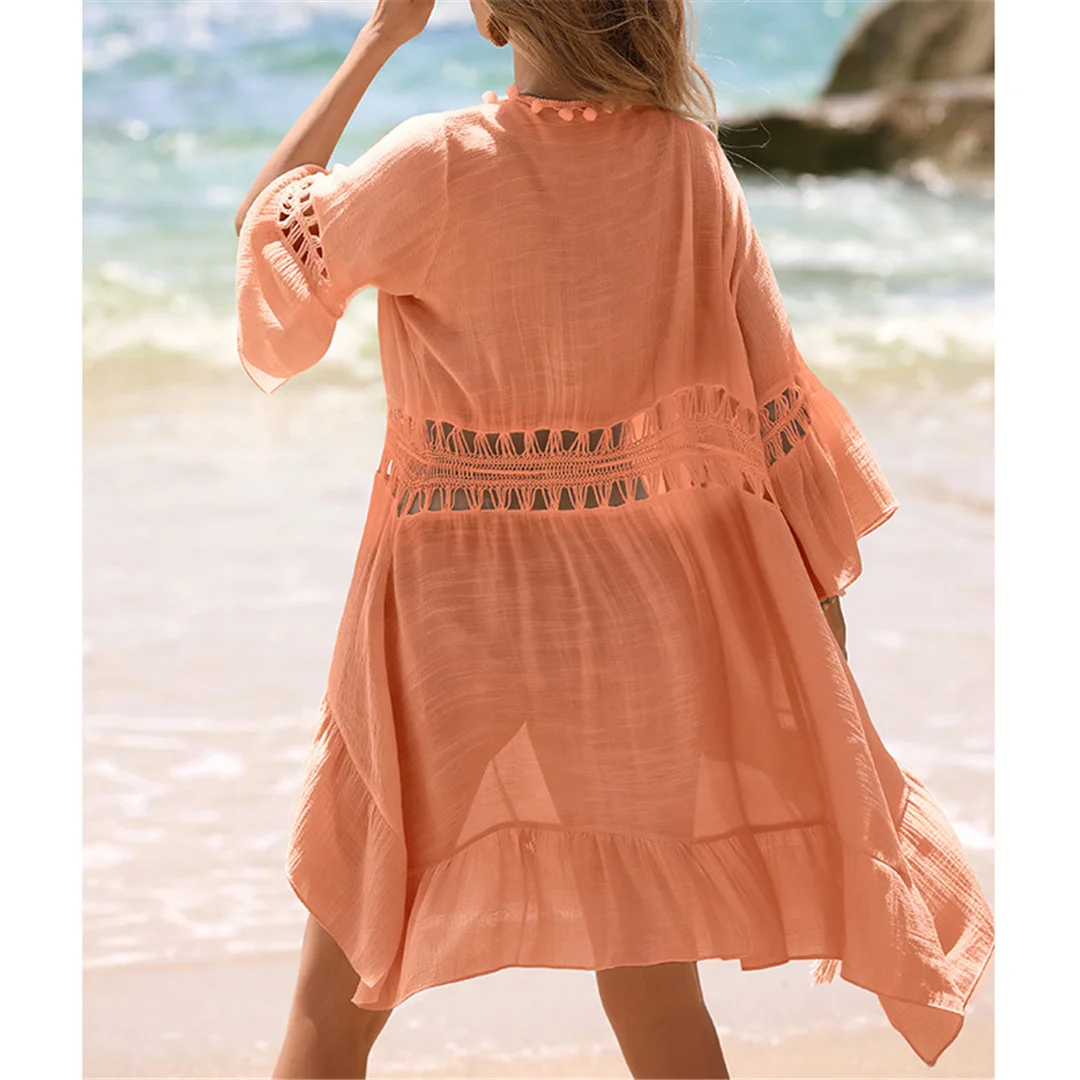 V-Ausschnitt, halbe Ärmel, Patchwork-Design, gehäkelte Strick-Tunika, Strandkleid, Strandüberwurf, Strandmode, Damen, V7660 – Detail 11