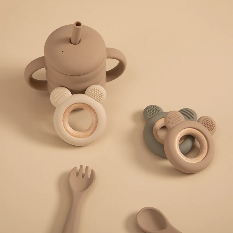 1PC Baby Silikon Holz Beißring Ring Nette Bär Infant Pflege Zahnen Spielzeug Neugeborenen Gesundheit Pflege Kauen Spielzeug Baby Zubehör – Detail 5