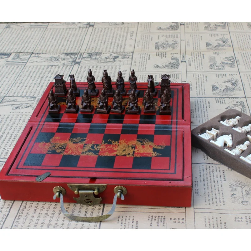 Antik satranç Terra Cotta Warriors üç boyutlu satranç adet ahşap katlanır satranç tahtası küçük boy karikatür satranç yaratıcı Gi