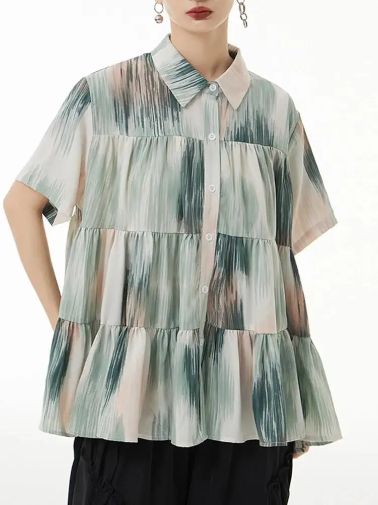 

Women Blue Tie Dye Printed Big Size Cake Blouse New Lapel Short Sleeve Shirt Fashion Tide Spring Summer