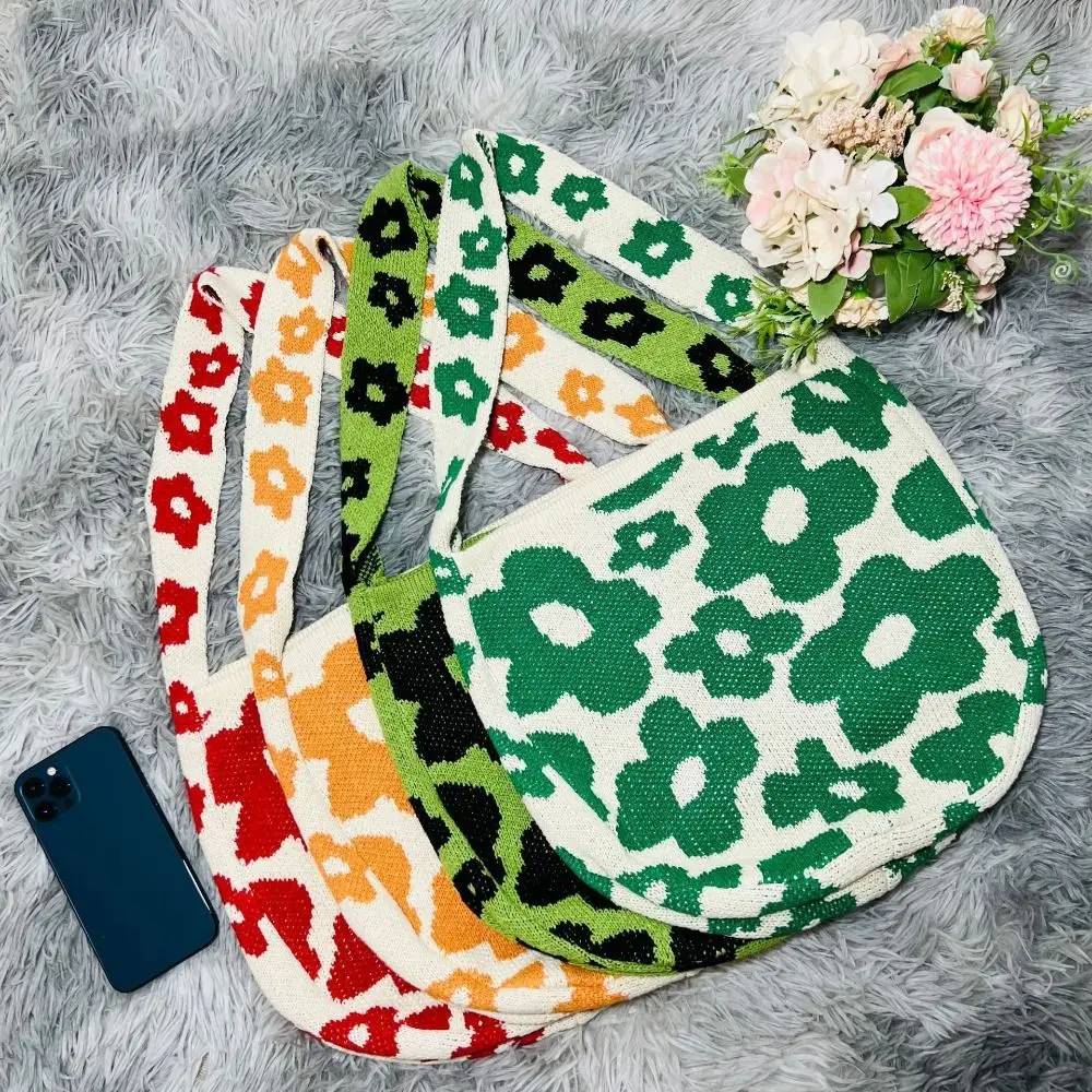 Flower Print Knitted Shoulder Bag Casual Colorful Large Capacity Tote Bag Handbag Bohemia Style Travel Shopping Bag