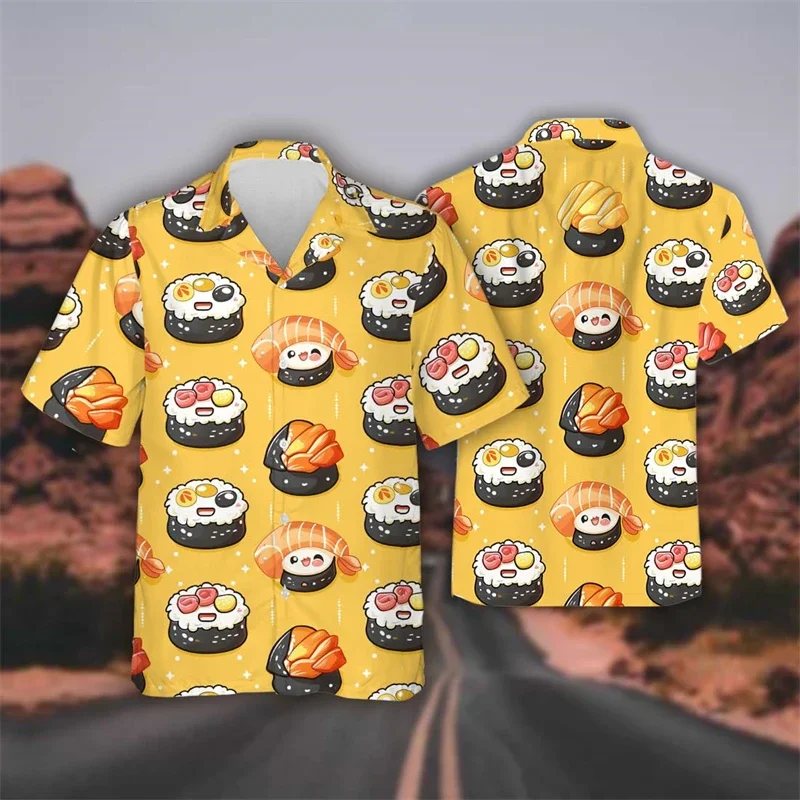 

Delicious Sushi Shrimp Graphic Beach Shirts Hip Hop Hawaiian Lapel Blouse Fast Food Bento Shirt Wrinkle Free Short Sleeve Shirt