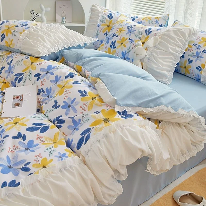 Imagem -05 - Ins Princesa Estilo Flower Bedding Conjunto Capa de Edredão com Pliado Lace Folha de Cama Fronhas Kawaii Menina Mulher Quarto Home Textiles