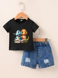 Summer New Male And Female Baby Short Sleeve White T-Shirt Round Neck Pullover Top + Denim Trousers