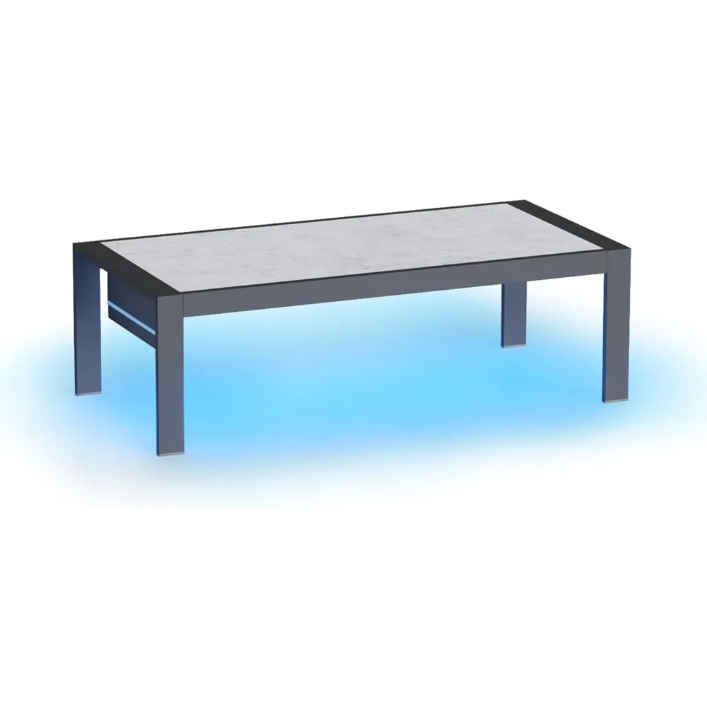 

Aluminum Patio Coffee Table With LED, Rectangle Outdoor Side Table With Marble Texture Top, All-Weather Patio Furniture