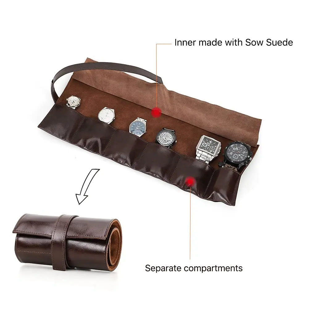 Genuine Leather Travel Watch Case Roll Organizer Classic, Leather 6-Watches Roll Case for Business Watches and Casual Watches