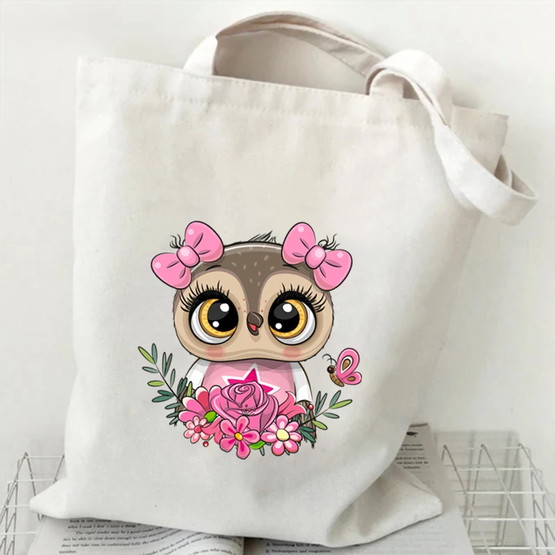 

Women Cartoon Owl Hand-painted Print Canvas Bags Ladies Shopping Bags Owl Floral Tote Books Bag for Girls Fashion Handbags