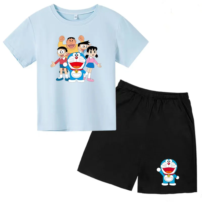 

Kids' Doraemon Sports T-Shirt and Shorts Set Breathable Cotton Cartoon Print,Comfortable for Play and Daily Wear for Boys Girls