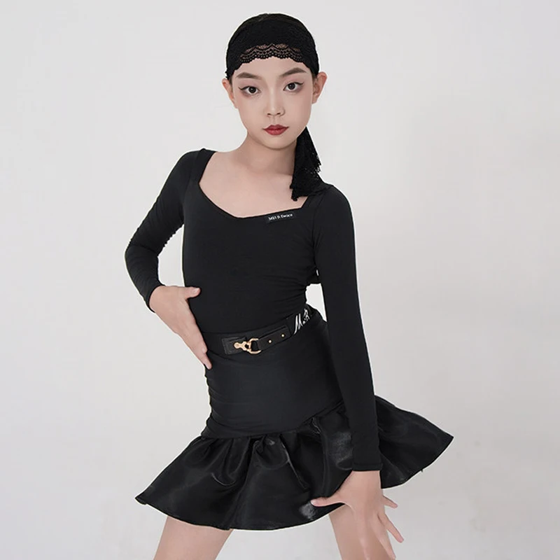 

Girls's Latin Dance Performance Clothes Black Split Suit Long Sleeves Dress Cha Cha Rumba Dance Dress Competition Dress DNV25090