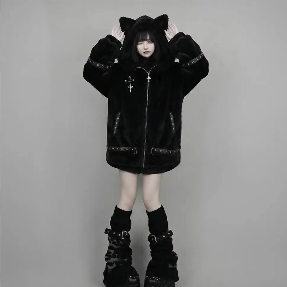 Vintage Punk Style Hoodie Long Sleeve Faux Fur Women Casual Zipper Hooded Gothic Y2K Subculture Harajuku Sweatshirts Autumn
