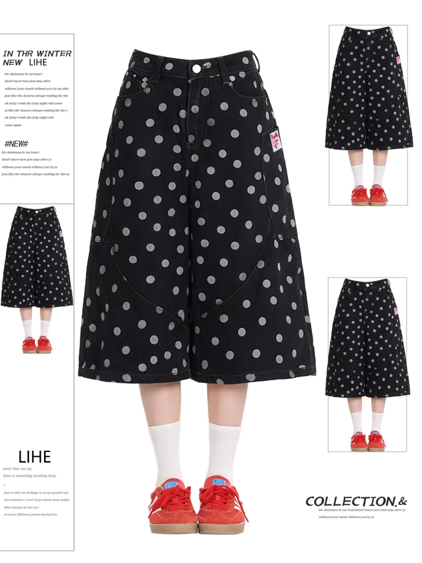 

Retro Polka Dot High Waist Loose Fit Casual Wide Leg Shorts Women's Denim Seven-Foot Pants Summer New Style Slimming Effect