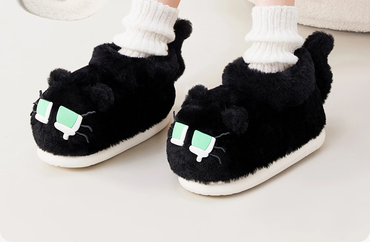 Neue Cartoon Schwarze Katzenstiefeletten für Damen, Winter Flauschige Plüschstiefel, Warme Indoor-Katzenpantoffeln, Unisex Flauschige Hausschuhe mit Schwanz – Detail 4