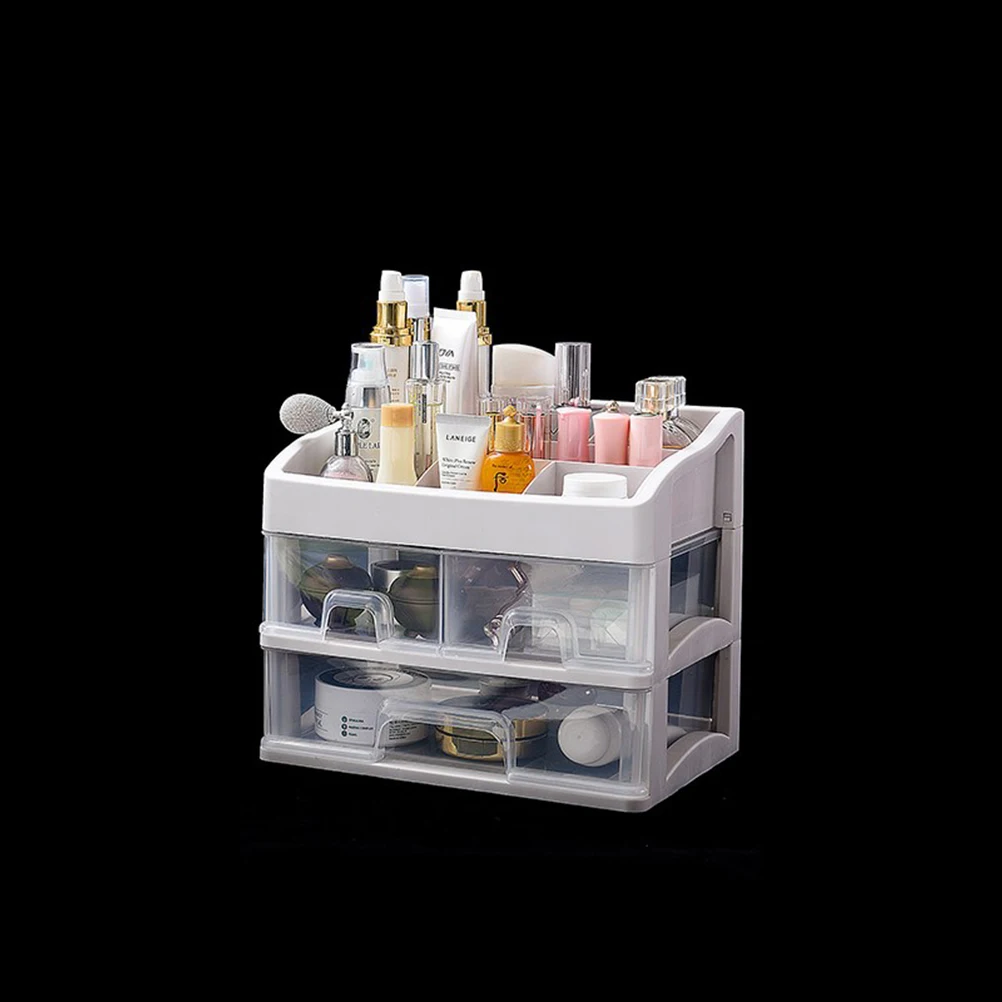 

Plastic Makeup Organizer 2 Drawers White Storage Case for Cosmetics Bathroom Jewelry Skin Care Travel Home Clear Gadgets Drawer