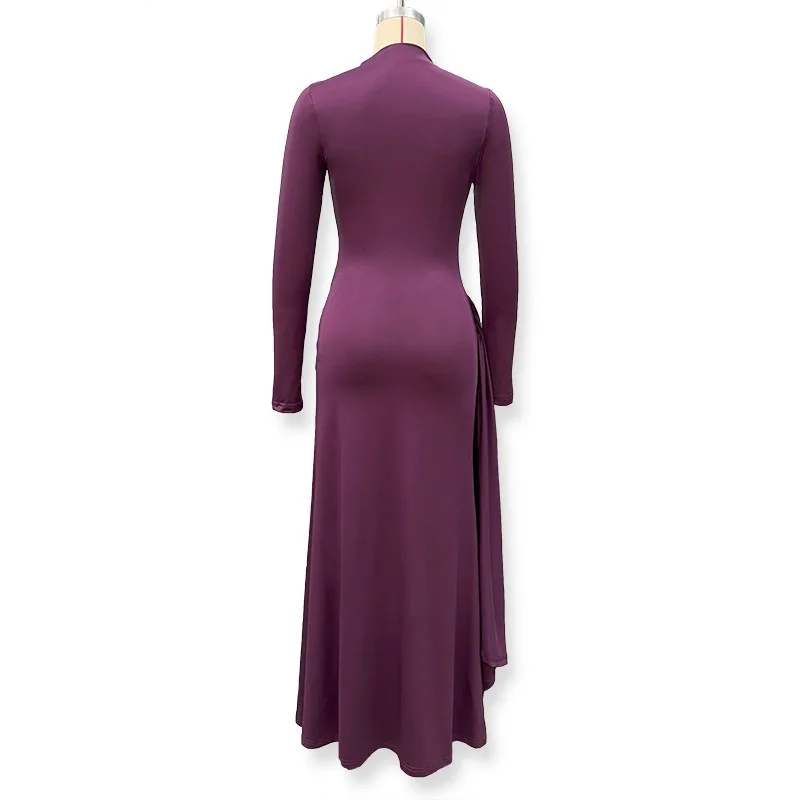 Patchwork Gerafftes Bandkleid für Damen Sexy Rollkragen Elegantes Hochgeschnittenes Abendkleid mit Langen Ärmeln – Detail 4