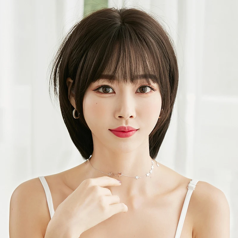 7JHH WIGS Pixie Cut Wigs High Density Short Straight Cool Brown Bob Wig for Women Daily Use Synthetic Brown Hair Wigs with Bangs