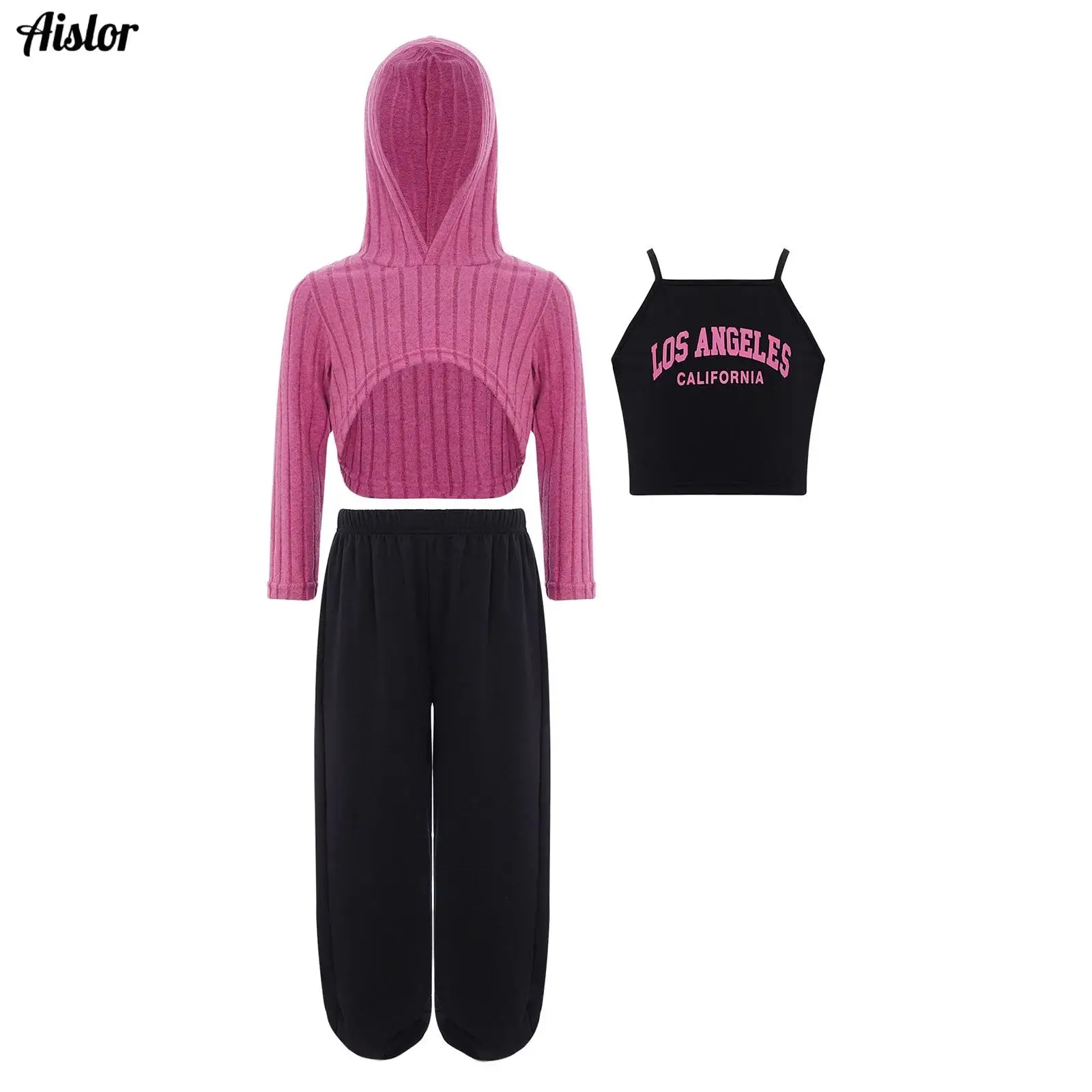 

Kids Girls 3-Piece Casual Outfit Long Sleeve Asymmetrical Hem Striped Hoodie with Letter Printed Vest and Sweatpants Trousers