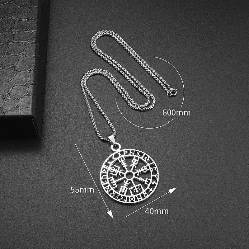 Stainless Steel Vintage Rune Compass Necklace Round Pendant for Men Fashion Trend Amulet Nordic Jewelry