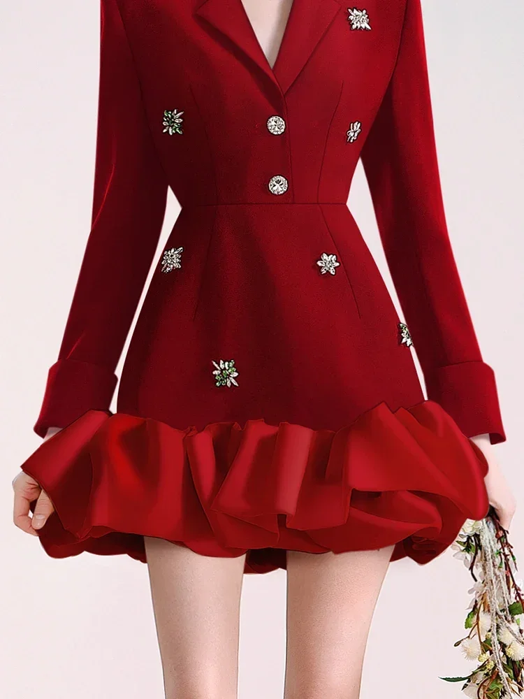 Luxury Rhinestone Red Dress Blazer for Women Autumn and Winter Elegant Design Organza Stitching Black Dress Suit Office Ladies