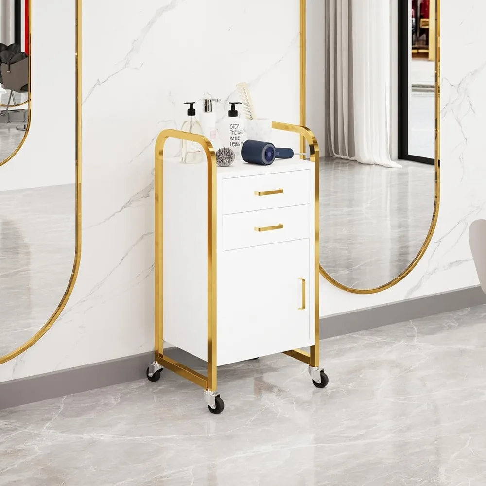 عربة دوارة لصالونات التجميل باللونين الأبيض والذهبي مع عجلات، عربة تجميل متنقلة مع درجين، محطة صالون مع خزانة تخزين للشعر