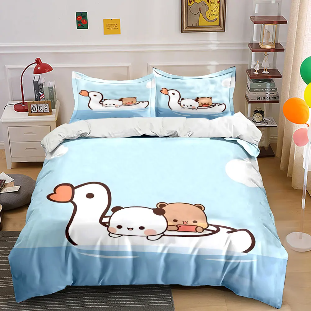 Cute panda and bear on swan boat Print Soft Comfortable Duvet Cover Bedding Set Included 1*Duvet Cover 2*Pillowcases