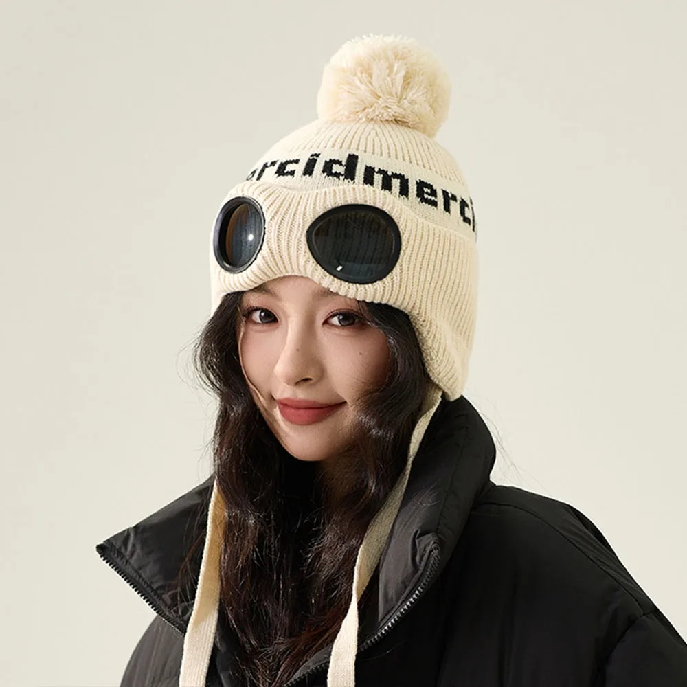 

Fashion Windproof Glasses Knitted Hat Warm Ear Protectors Beanie Hats Cold-proof Hooded Hat Winter
