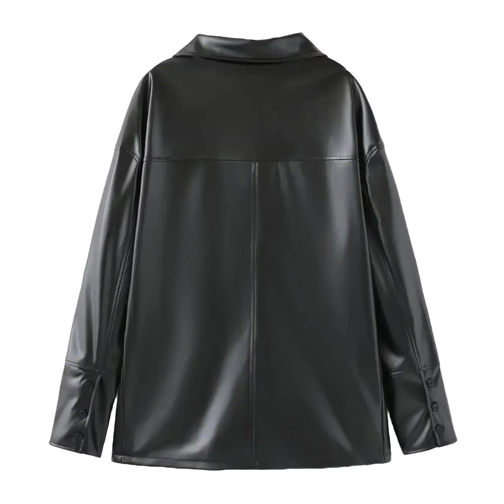 

Women's Korean Style Loose PU Leather Jacket Small Lapel Vintage Girls' Outerwear Fashionable Casual Coat