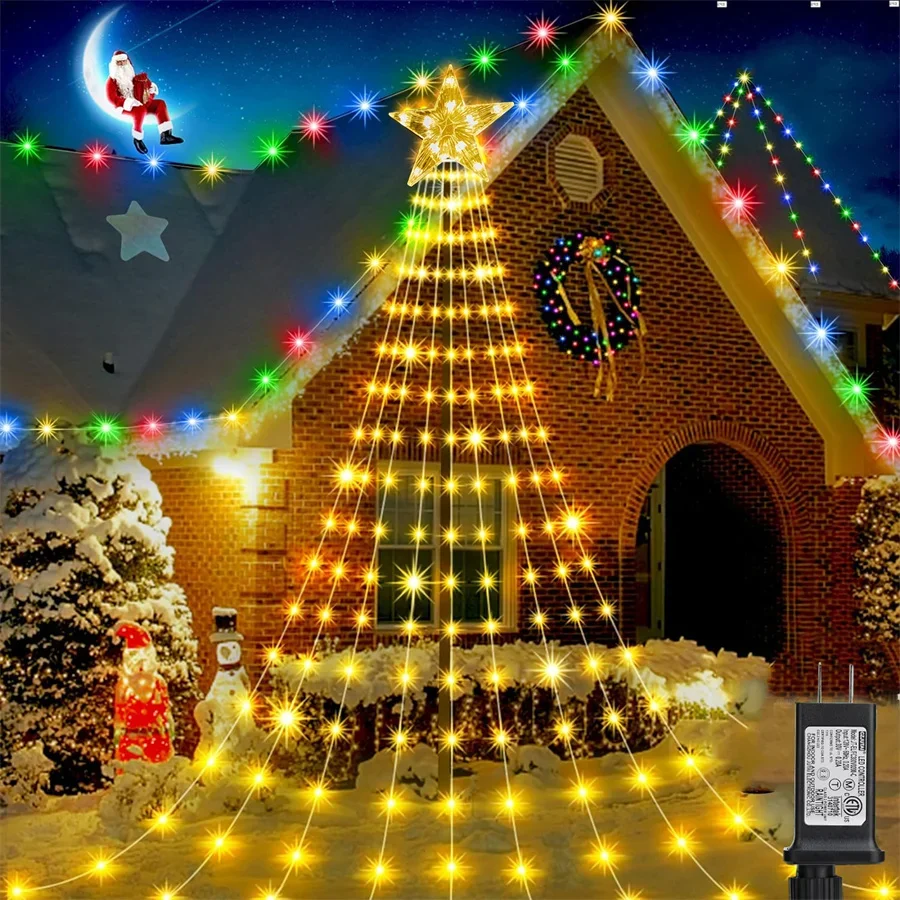 

9X3M Outdoor Christmas Star String Light 288LED Lighted Waterfall Tree Light with Topper Star Fairy Light for Garden Party Decor