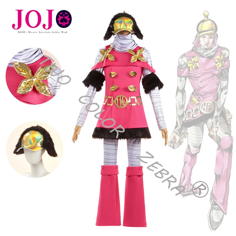 JoJo's Bizarre Adventure Hot Pants Cosplay Costume Pink Dress Gold Buttons Fur Trim Matching Hat Props Set for Party Roleplay view 5