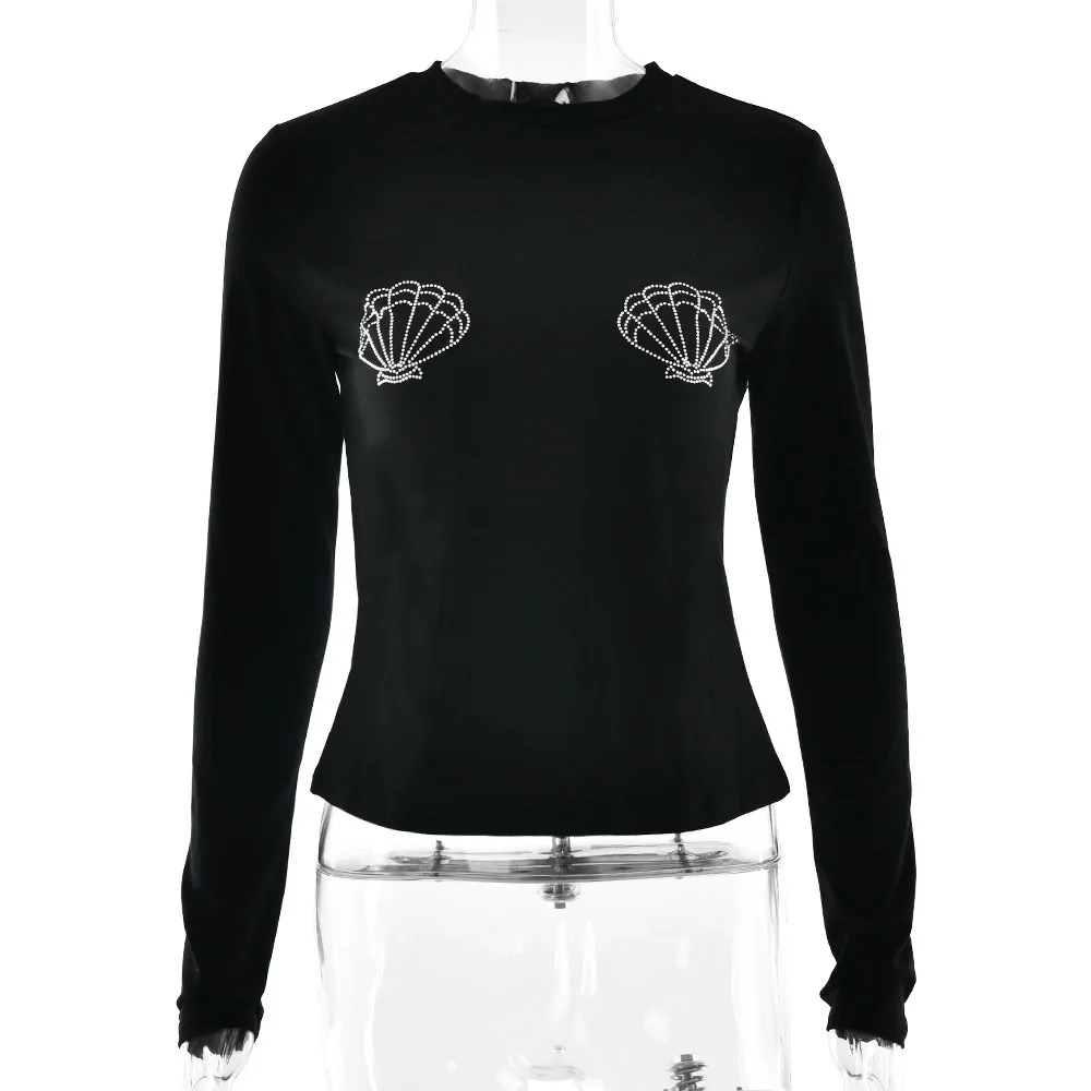 2025年夏新作 INS風小さめトップス ラウンドネック ラインストーン スリムフィット 長袖 ストリートスタイル Tシャツ