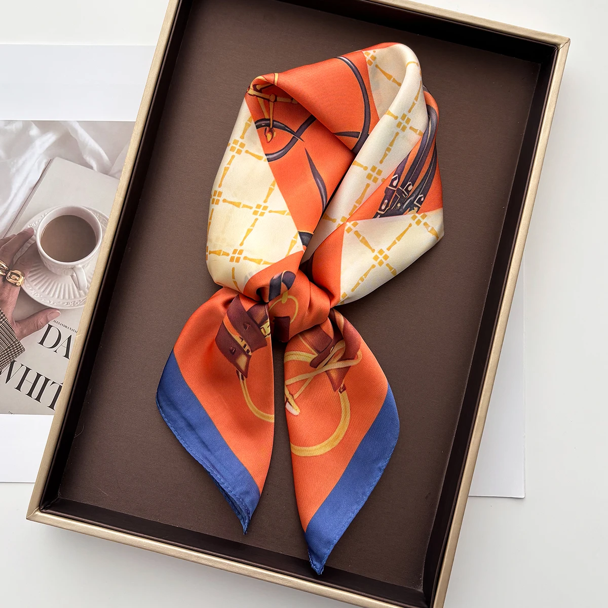Sommer-Schal für Damen, Imitation-Satin, quadratisch, luxuriöser Druck, Haarband, Foulard, Bandana, Dekoration, Halstuch, Stirnband – Detail 5