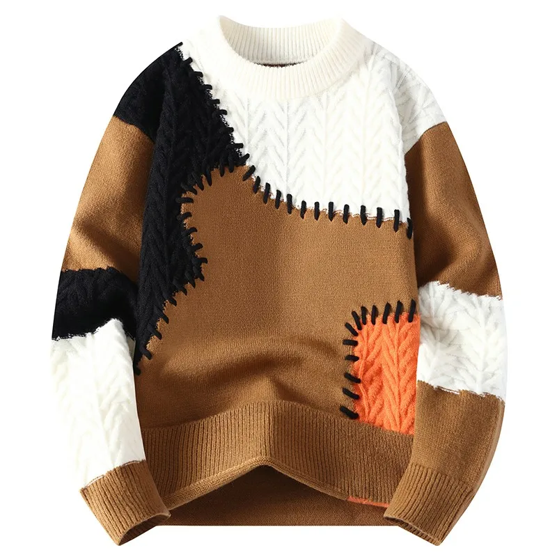 Thorn Style Spliced Knitted Sweater 2025 Fashionable High Street Autumn Winter Warm Men\'s Top Hip-hop Streetwear Fishing Sports