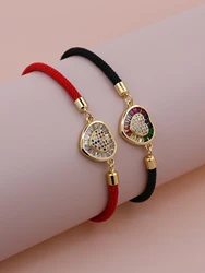Retro Versatile Plated Gold Copper Rainbow Zircon Heart shaped Love Adjustable Rope Chain Men and Women Couple Bracelet