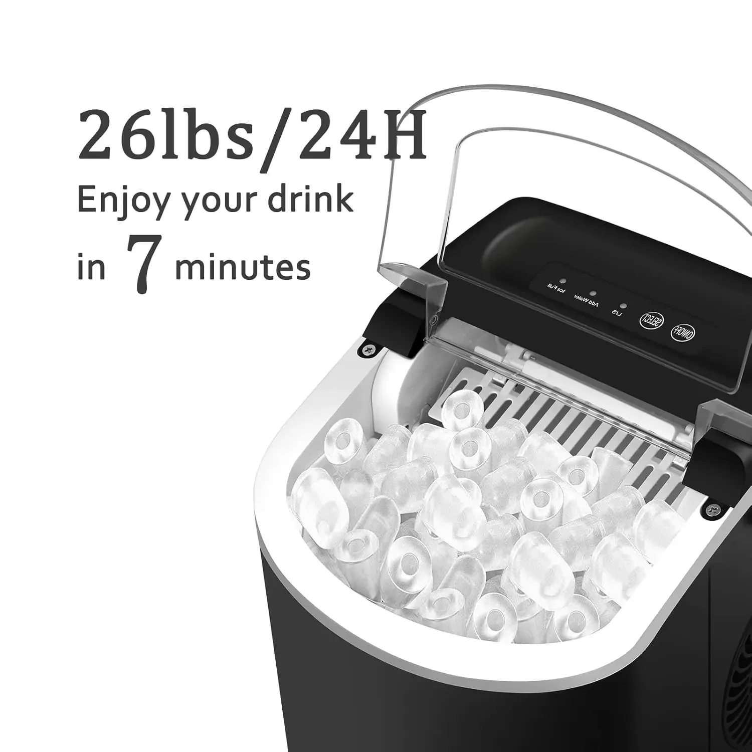 Self-Cleaning Countertop Ice Maker com alça, produz 26lbs, 24Hrs, 2 tamanhos de cubos de gelo em forma, faz 9 em 6 m