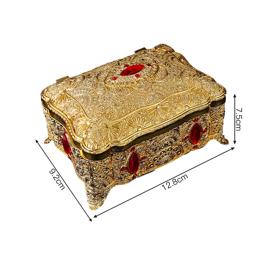 Retro Rectangle Gold Red Zircon Jewelry Box Treasure Chest Trinket Jewelry Box Ring Case for Girls Women