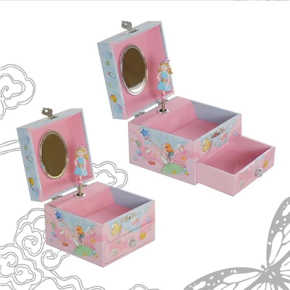 Cartoon With Mirror Rotating Girl Music Box Drawer Style Save Space Musical Jewelry Box Sparkling Ballerina Music Box Girls