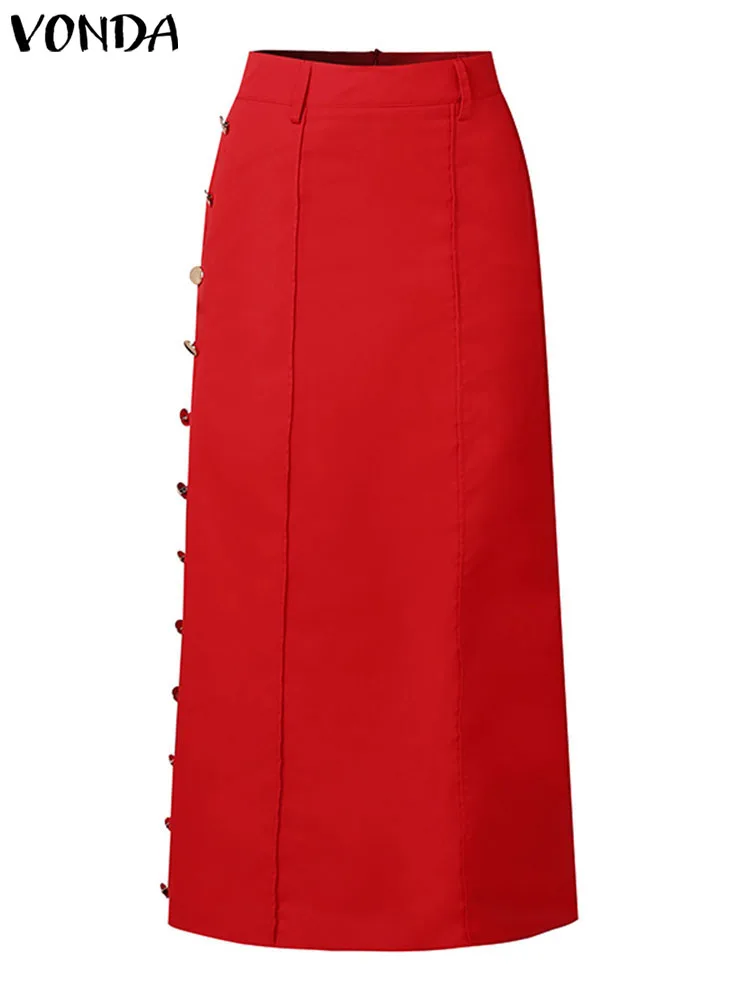 Plus Size 5XL VONDA 2024 Women Summer Maxi Skirts Buttons High Waist Long Skirt Fashion Elegant Solid Color Casual Loose Bottoms