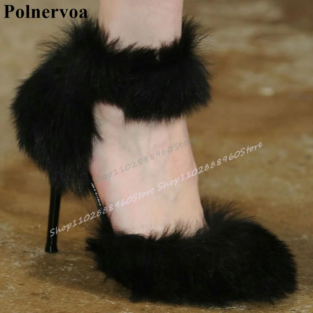 

Trendy Black Real Fur Shallow Sandals Thin High Heel Women Shoes Ankle Buckle Strap Pointed Toe 2025 Fashion Zapatos Para Mujere
