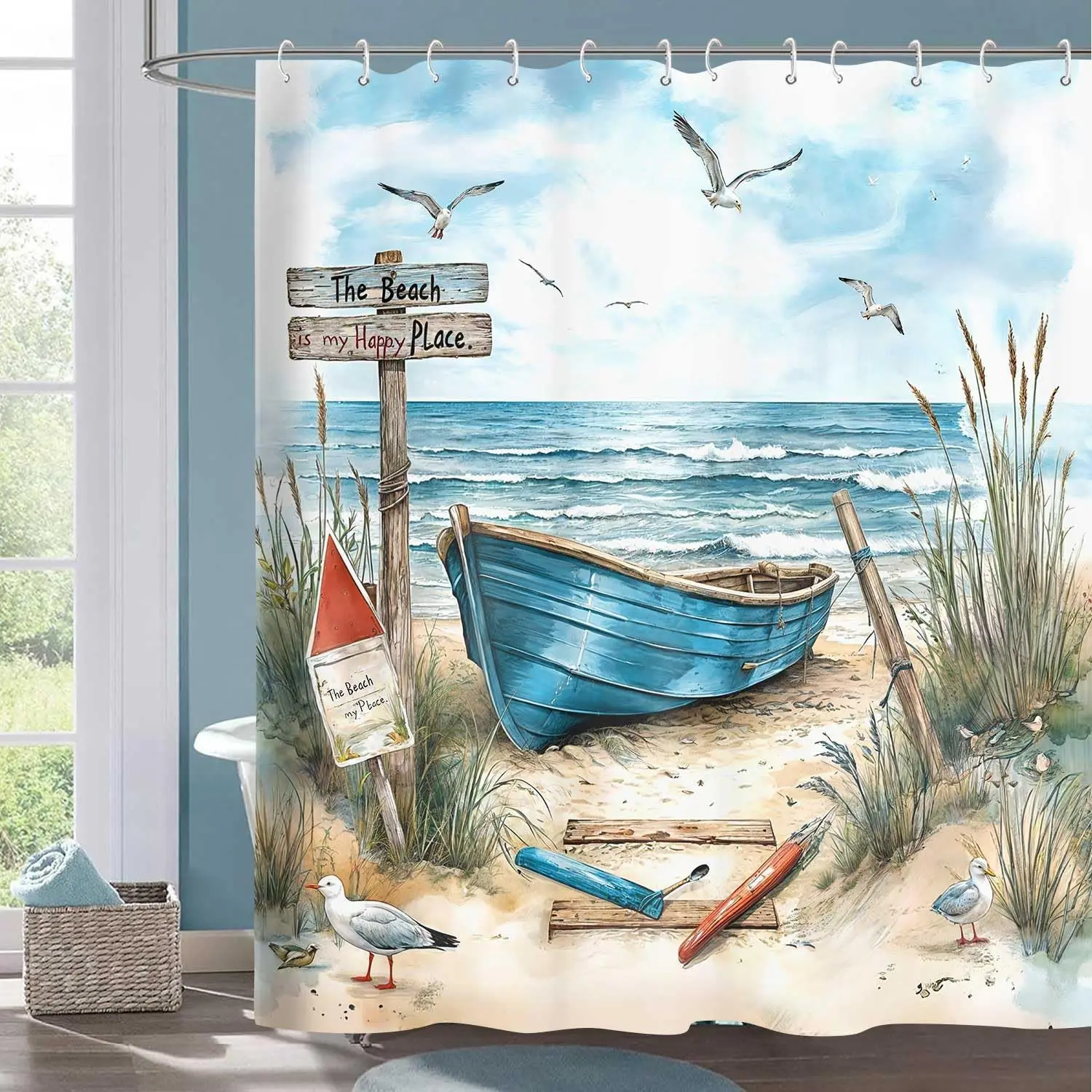 Nautical Beach Seascape Shower Curtain Waterproof Ocean View Bathroom Decor  Coastal Summer Art 180x180cm Tropical Print