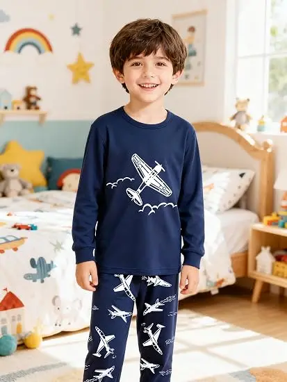 Little Hand Toddler Boys Airplane Pajamas Cool Glow In The Dark Print Long Sleeve Cotton Home Clothes Autumn Winter Pjs for Kids