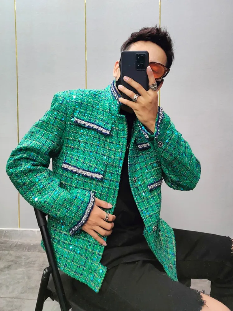 New Stand Collar Luxury Sequined Mens Tweed Jacket Designer Spring Autumn Long Sleeve Outerwear Single Breasted Mens Short Coat