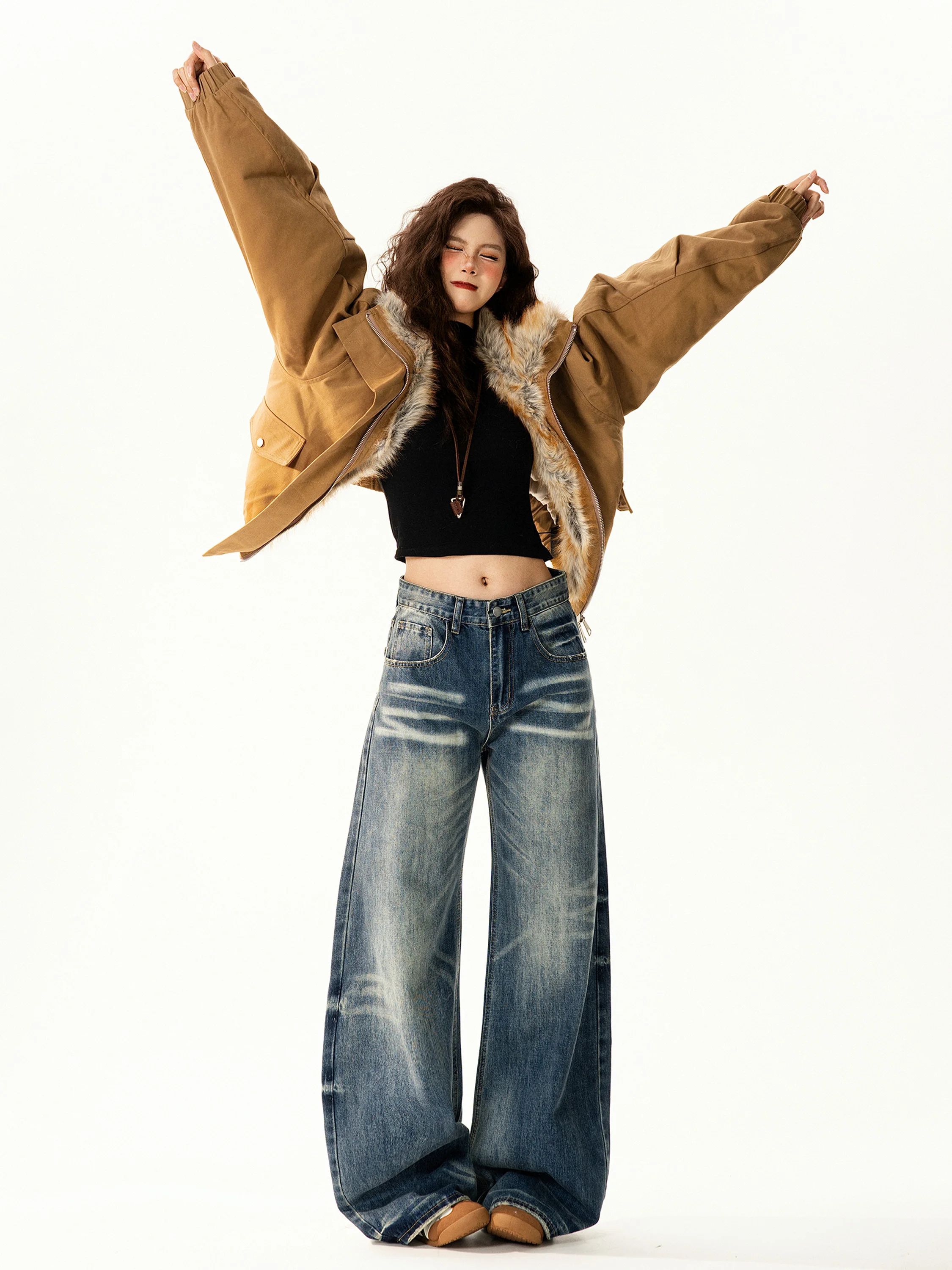 

Ретро-куртка в американском стиле для женщин: хлопковая, с меховым воротником, свободного кроя, теплая, универсальная, уличная одежда, с длинными рукавами, на молнии