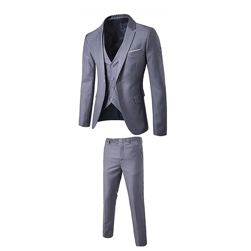 

New 2025 Men's Busin Casual Slim Fit Tee-Piece Suit Vest Pants Set Bamboo Charcoal Fiber Thin Single Button Closure