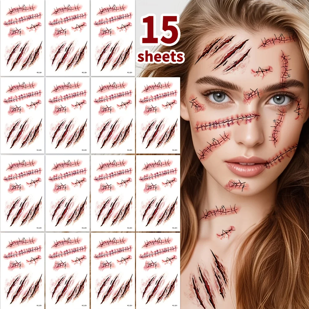 

15Sheets Halloween 3D Fake Face Temporary Tattoos for Adutls, Horror Fake Tattoos Fake Bloody Wound Temporary Zombie Tattoos