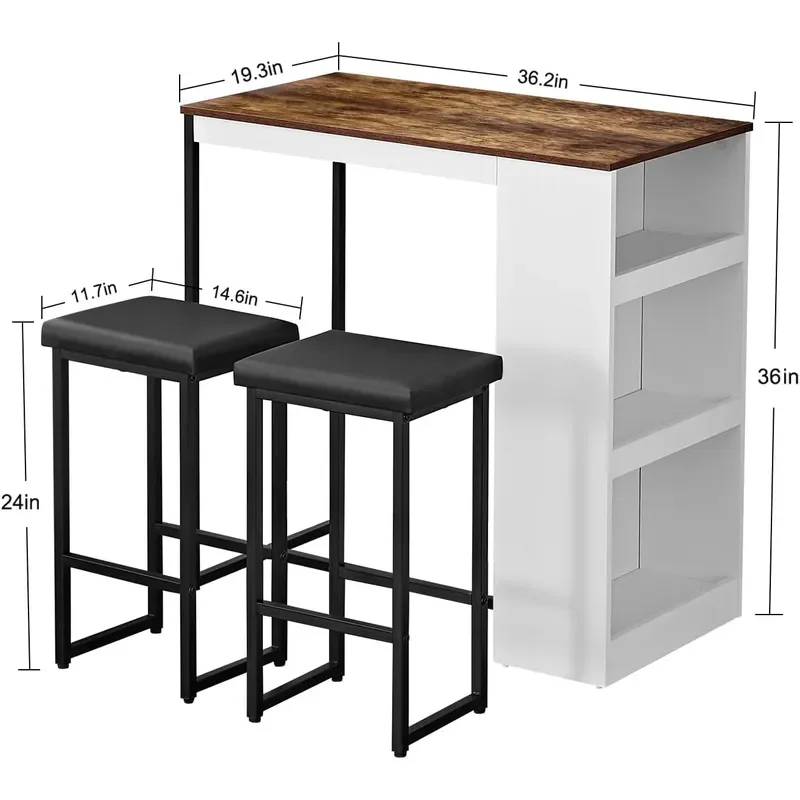 3 Piece Dining Table Set Kitchen Bar Table with Two Stool Storage Shelves Wood Counter Height Table Top with Sew Kerf Finish