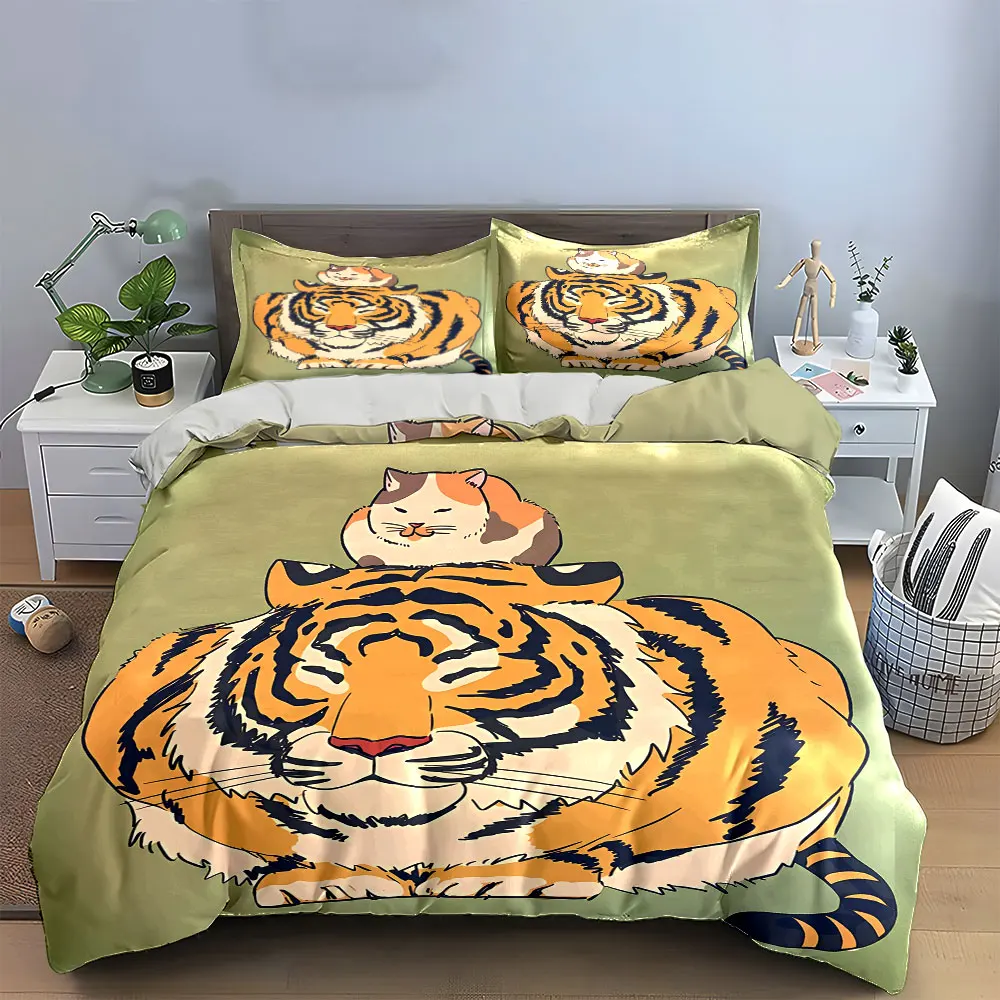 

Tiger and Cat Cozy Decoration Set Bedding Set with 1 Duvet Cover 2 Pillowcases Single Double King Queen, Gift