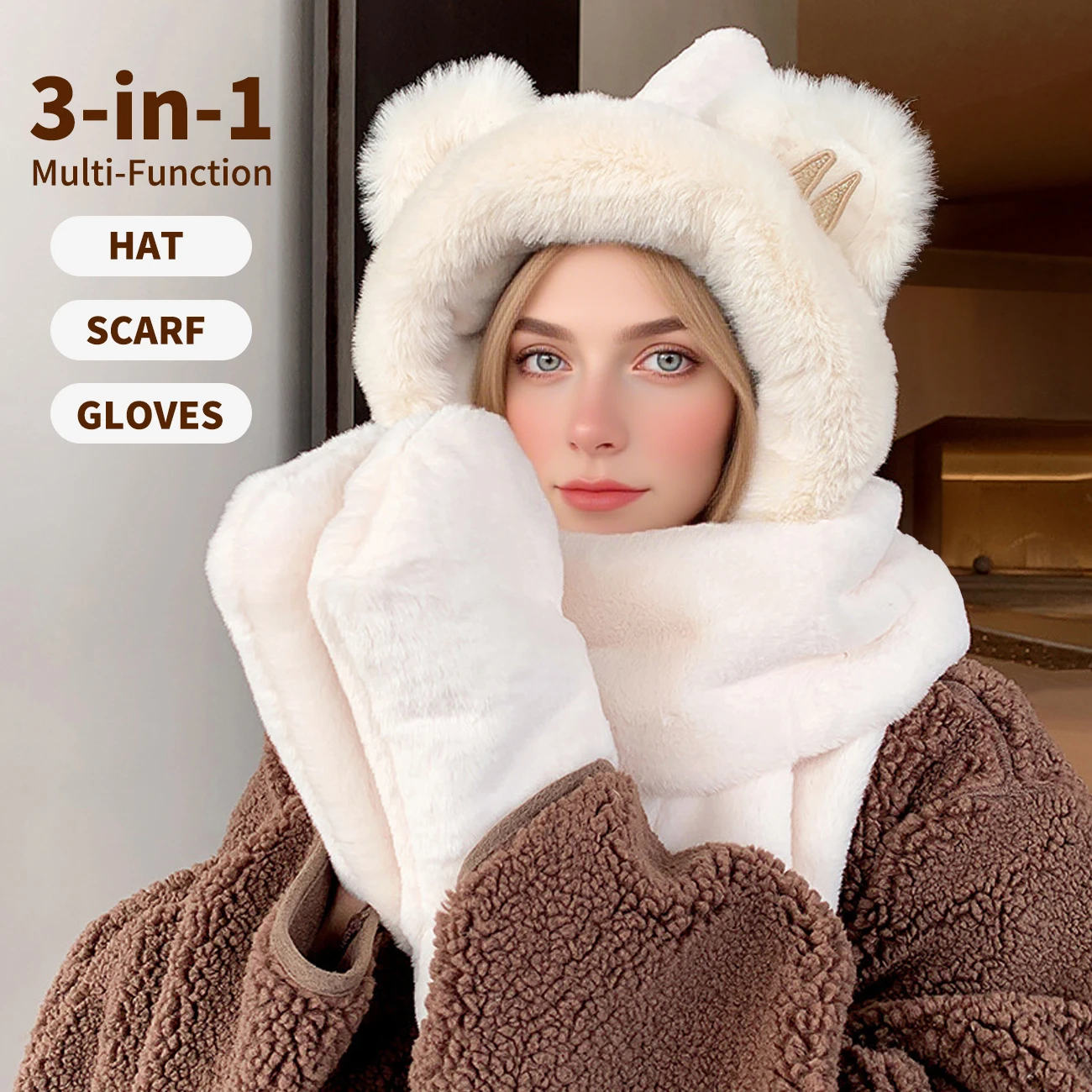 مجموعة ثلاثة في واحد، وشاح، قبعة، قفازات، هدية شتوية دافئة للصديقات والأصدقاء