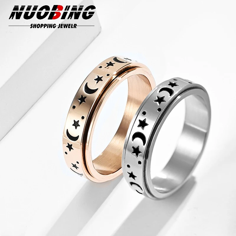 

Spinning Anxiety Relaxing Ring With Star And Moon For Women Stainless Steel Rotate Freely Fidget Spinner Rings Custom Jewelry