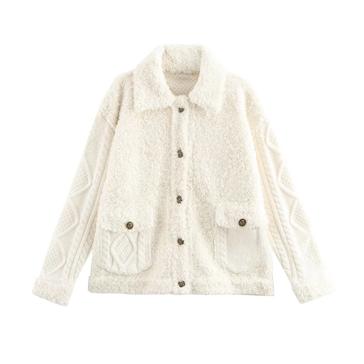 Nuova Collezione Autunno 2025: Giacca da Donna in Maglia con Filato Ritorto e Patchwork in Pelle di Pecora, Cappotto in Maglia con Pelliccia Integrata