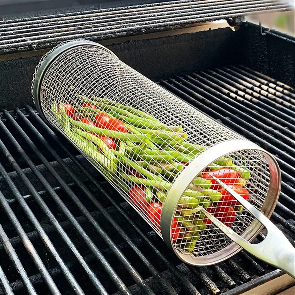 New Rolling Grilling BBQ Basket Stainless Steel Leakproof Mesh Barbecue Rack Outdoor Picnic Camping Simple Cylindrical BBQ Grill